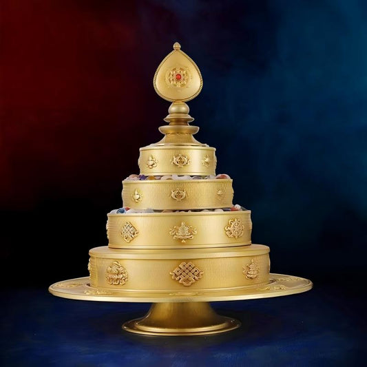 Intricate hand-carved pure copper Mandala offering set, showcasing artisan jewelry art inspired by Tibetan Buddhist Jewelry Culture.