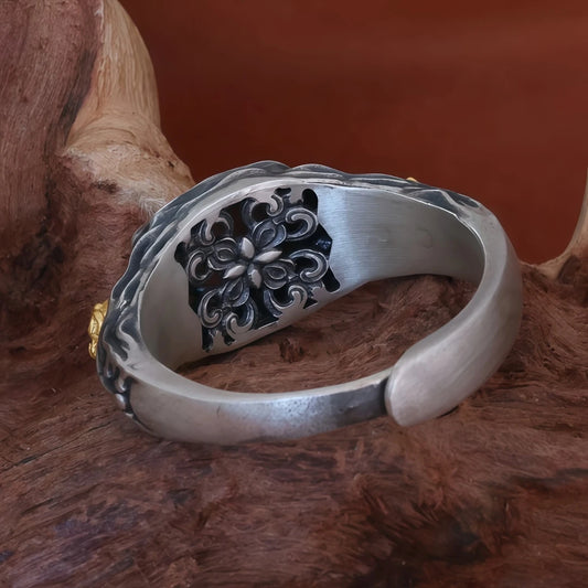 Intricate hand-carved Lord of the Cemetery ring, showcasing artisan jewelry art inspired by Tibetan Buddhist Jewelry Culture.