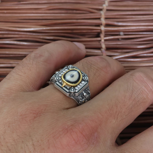 Intricate hand-carved Wrathful Deity ring, showcasing artisan jewelry art inspired by Tibetan Buddhist Jewelry Culture.
