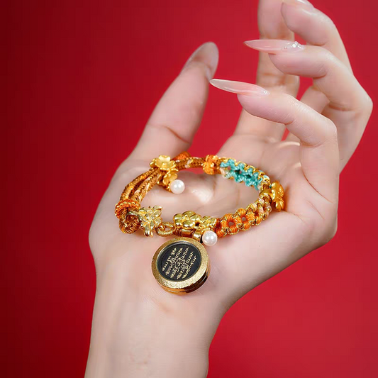 Tibetan Buddhist Jewelry Culture natural agate bracelet featuring a hand-painted five lines script Thangka mandala. A masterpiece of jewelry art.