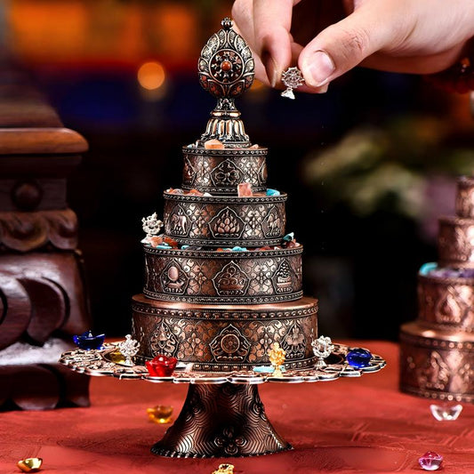 Tibetan Buddhist Jewelry Culture: A handmade silver & copper gilded mandala offering set, showcasing sacred sacrificial items art.