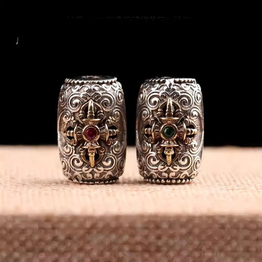 Tibetan Buddhist Jewelry Culture sterling silver copper inlaid Vajra barrel bead accessory. A piece of jewelry art for power and protection.