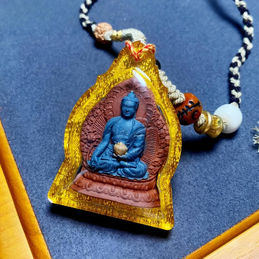 Hand-painted Medicine Buddha multicolor ash Gawu pendant from Tibetan Buddhist Jewelry Culture, handmade Jewelry art necklace for healing and protection