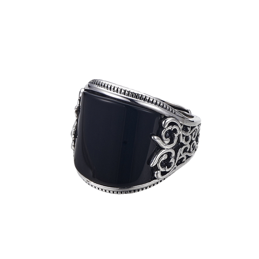 Handcrafted black agate wide band silver ring, unisex Tibetan spiritual fashion accessory, Tibetan Buddhist Jewelry Culture Jewelry art