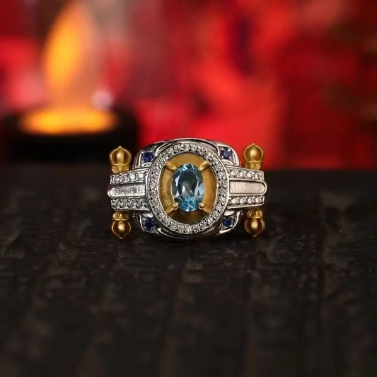 Intricate hand-carved Dorje ring, showcasing artisan jewelry art inspired by Tibetan Buddhist Jewelry Culture traditions.