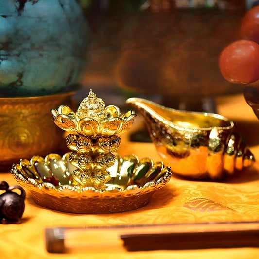 Tibetan Buddhist Jewelry Culture: A handmade brass Wealth God treasure basin for home or office Feng Shui, showcasing sacrificial items art.