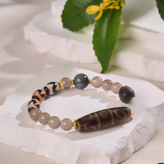 Tibetan Buddhist Jewelry Culture dragon scale lotus Guru Rinpoche Dzi bead bracelet. Handcrafted from natural agate as a piece of jewelry art.