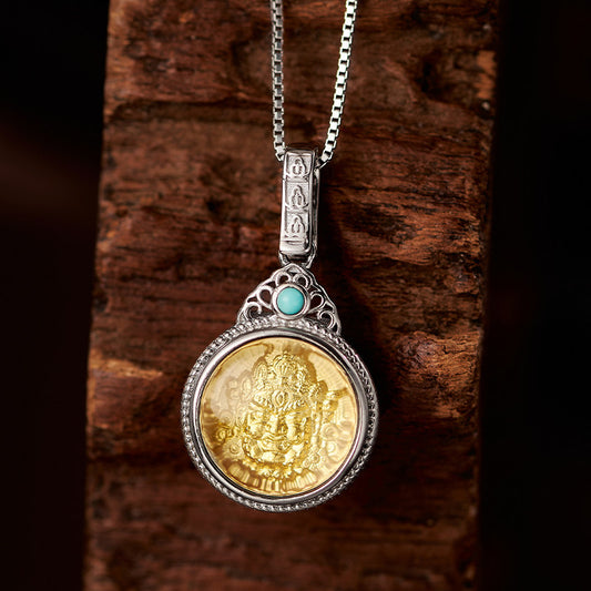 Handcrafted 3D Yellow Jambhala silver copper pendant necklace, unisex wealth talisman, Tibetan Buddhist Jewelry Culture Jewelry art