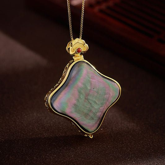 Handcrafted vintage black Baige silver four-leaf clover pendant, unisex Tibetan spiritual necklace, Tibetan Buddhist Jewelry Culture Jewelry art