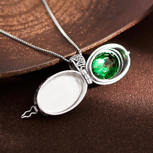Handcrafted green zircon silver Gau Box pendant, unisex Tibetan necklace for spiritual protection and storing charms, Tibetan Buddhist Jewelry Culture Jewelry art