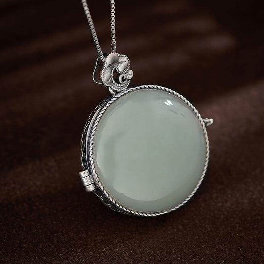 Handcrafted vintage Hetian jade silver round Wushi pendant, unisex Tibetan spiritual necklace, Tibetan Buddhist Jewelry Culture Jewelry art