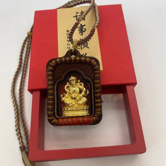 Handcrafted leather Zakiram Thangka pendant, Tibetan Buddhist Jewelry Culture-inspired jewelry art for luck, protection, and spiritual well-being.