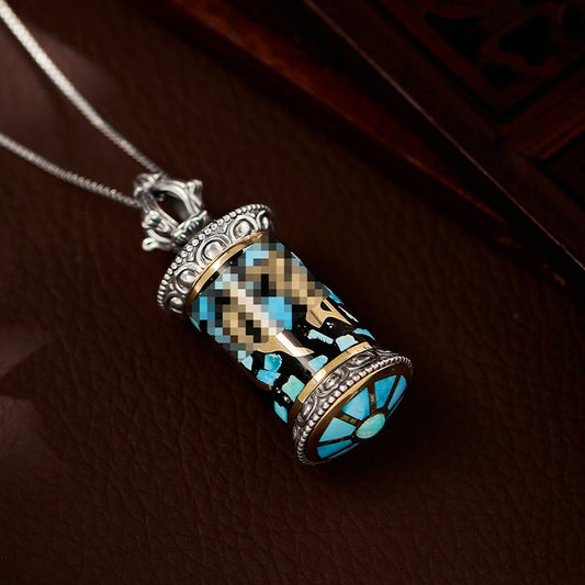Handcrafted vintage Six-Syllable Mantra turquoise silver copper pendant, unisex Gau Box necklace, Tibetan Buddhist Jewelry Culture Jewelry art