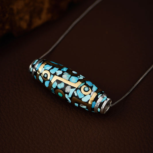 Handcrafted vintage Nine-Eyed Dzi Turquoise silver copper pendant necklace, unisex spiritual DIY beads, Tibetan Buddhist Jewelry Culture Jewelry art