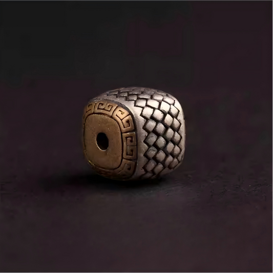 Tibetan Buddhist Jewelry Culture square dragon scale bead in silver and copper, a powerful piece of Jewelry art for malas.