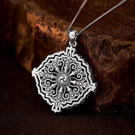 Handcrafted Tibetan-style Six-Armed Mahakala pendant with black baige in S925 silver, unisex ethnic necklace for protection, Tibetan Buddhist Jewelry Culture Jewelry art