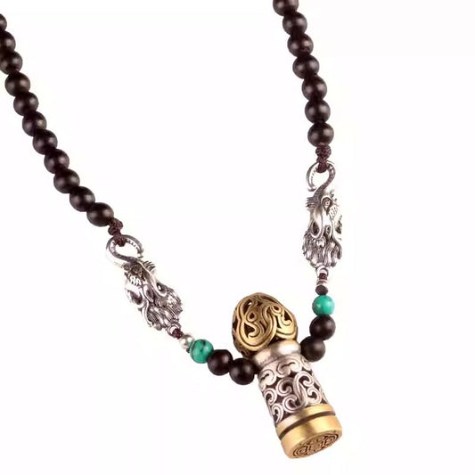 Tibetan Buddhist Jewelry Culture handmade Makara seal necklace in pure silver and copper, an exquisite piece of Jewelry art.
