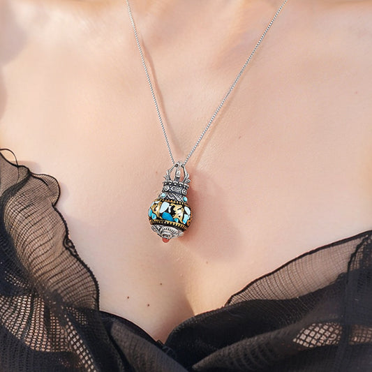 Handcrafted Tibetan-style Vajra Stupa pendant with turquoise in silver and copper, unisex necklace for protection, spiritual balance, Tibetan Buddhist Jewelry Culture Jewelry art