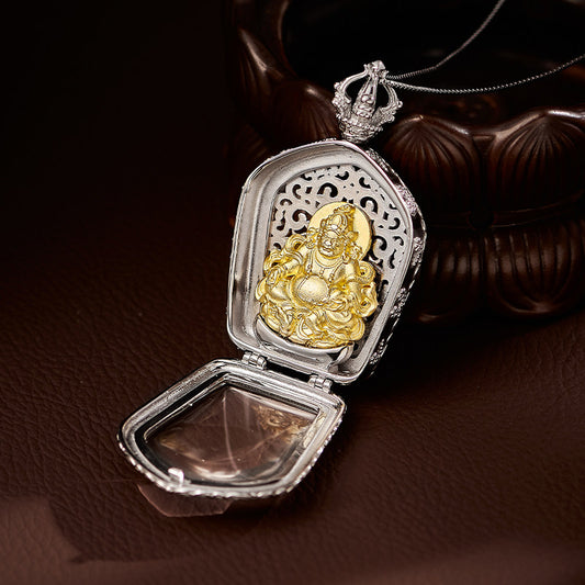 Handcrafted Tibetan-style Yellow Jambhala crystal pendant in silver and copper, unisex necklace for protection and wealth, Tibetan Buddhist Jewelry Culture Jewelry art