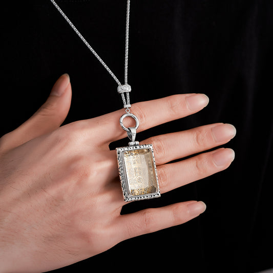 Handcrafted vintage Tianguan Cifu white crystal silver copper square pendant necklace, unisex blessing talisman, Tibetan Buddhist Jewelry Culture Jewelry art