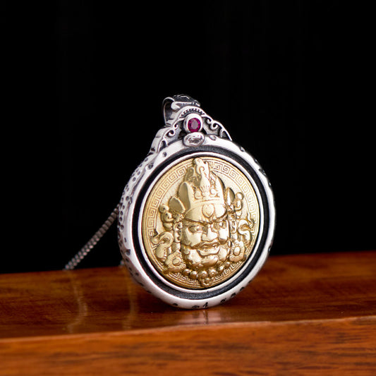 Handcrafted Yellow Jambhala Silver Copper round pendant, unisex Tibetan Buddhist necklace for protection and blessings, Tibetan Buddhist Jewelry Culture Jewelry art
