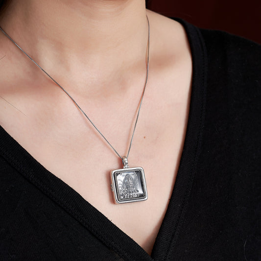 Handcrafted vintage Zakilam white crystal silver square pendant necklace, unisex Tibetan spiritual accessory, Tibetan Buddhist Jewelry Culture Jewelry art