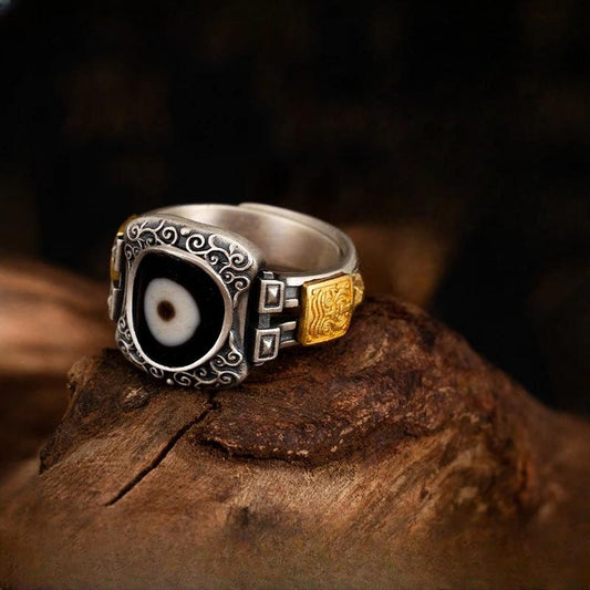 Handmade 925 silver Zaki Lhamo One-Eye ring, a symbol of fortune in Tibetan Buddhist Jewelry Culture and jewelry art.
