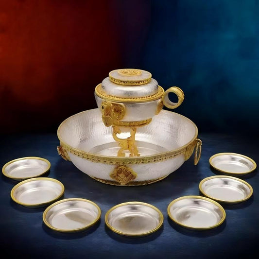 Artisan handmade copper gilt offering bowls, showcasing fine jewelry art inspired by sacred Tibetan Buddhist Jewelry Culture.