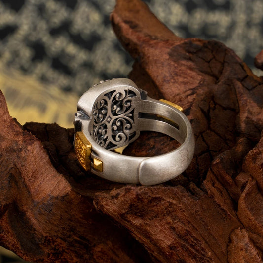 Intricate hand-carved female wealth goddess ring, showcasing artisan jewelry art inspired by Tibetan Buddhist Jewelry Culture.