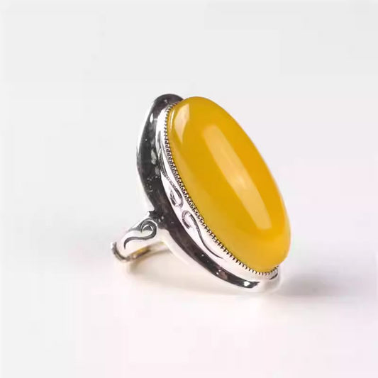 Tibetan Buddhist Jewelry Culture grand yellow chalcedony silver ring, a stunning piece of Jewelry art for wealth.