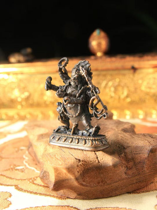 Handcrafted three deities statue featuring Lotus Master and Six-Armed Mahakala, symbolizing protection, wisdom, and spiritual strength in Tibetan Buddhist Jewelry Art.