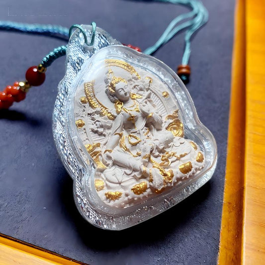 Hand-painted Green Tara ash pendant from Tibetan Buddhist Jewelry Culture, handmade Jewelry art necklace for protection and compassion