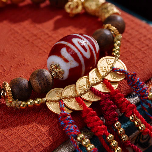 Handcrafted Tibetan Buddhist green Qinan Treasure King Three-Eye Lama tool bracelet, natural gemstone beads for luck, protection, and spiritual energy.