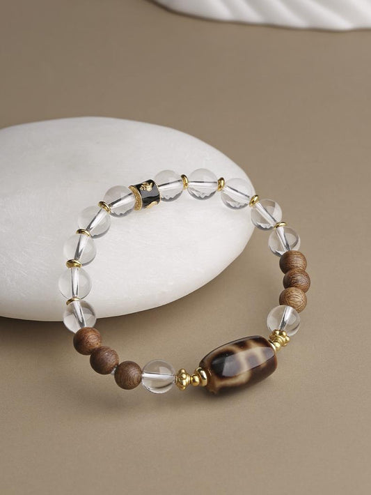 Tibetan Buddhist Jewelry Art: Hand-Painted Clear Quartz Dzi Beads Bracelet featuring sacred Tibetan Buddhist symbols and mantras