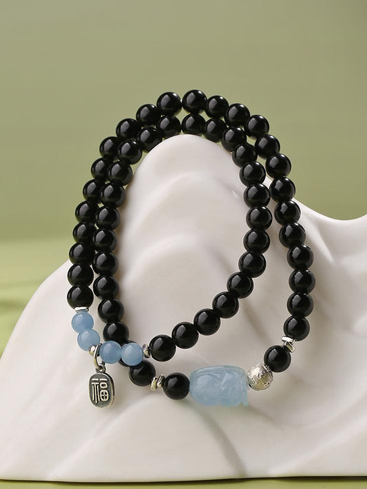 Tibetan Buddhist Jewelry Art: Hand-Painted Obsidian Aquamarine Pi Xiu Multi-Strand Bracelet for wealth attraction and spiritual protection