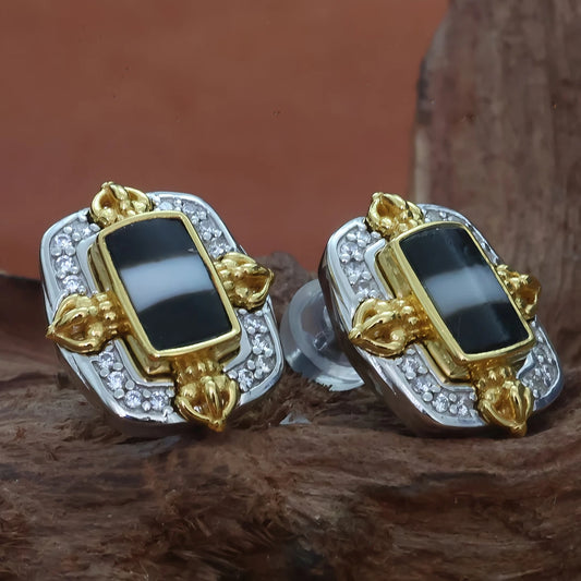 Hand-painted silver Medicine Buddha Vajra Cross stud earrings, reflecting Tibetan Buddhist symbolism for protection, healing, and enlightenment.