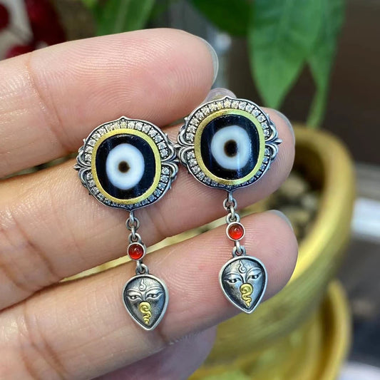 Hand-painted silver Yellow Jambhala and Green Tara Zhakiram dangle earrings, designed with Tibetan Buddhist jewelry art to bring prosperity, protection, and wisdom.