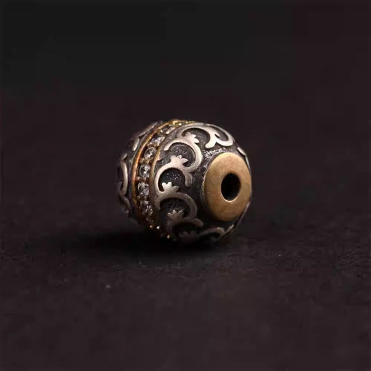 Artisan carved zircon inlaid flat Wenwan beads, unique Tibetan Buddhist Jewelry Culture jewelry art for collectors.