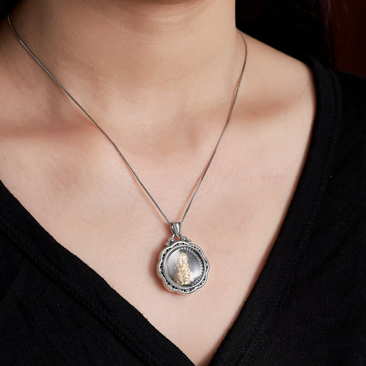 Handcrafted Tibetan Buddhist Amitabha pendant with clear quartz and S925 silver copper, sacred jewelry art symbolizing wealth, peace, and protection.