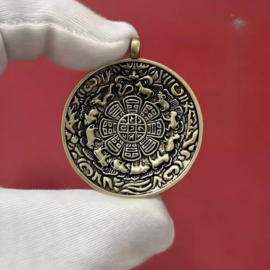 Handcrafted Tibetan Buddhist brass Bagua pendant, ethnic jewelry art piece symbolizing luck, protection, and spiritual balance.