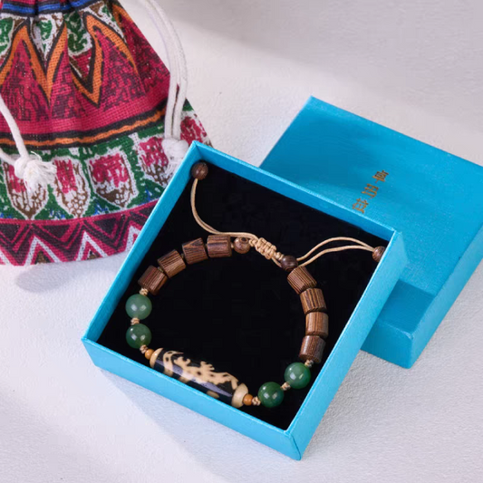 Handmade Guanyin Dragon Dzi agate bracelet, Tibetan Buddhist Jewelry Culture-inspired jewelry art, designed for protection, fortune, and spiritual balance.