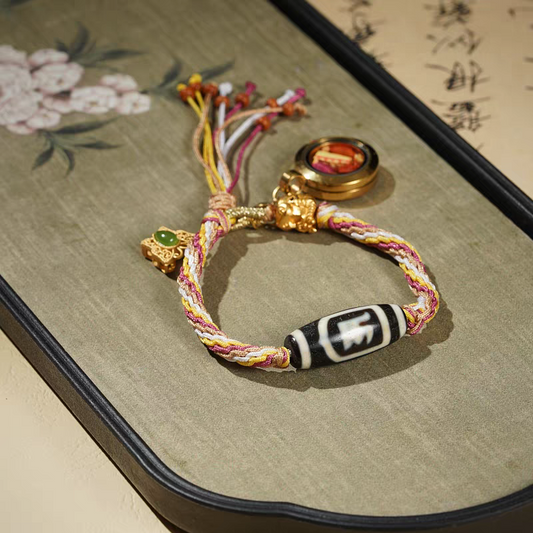 andcrafted Tibetan Buddhist Dzi beads bracelet featuring Yellow Jambhala, Green Tara, and Manjushri, a jewelry art piece for wealth and protection