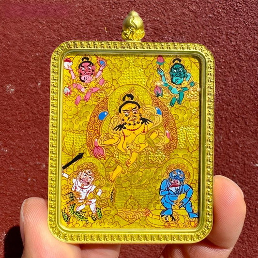 Tibetan Buddhist hand-painted Five Wealth Gods Gau Box pendant, showcasing exquisite craftsmanship, unique Tibetan jewelry art and spiritual talisman.