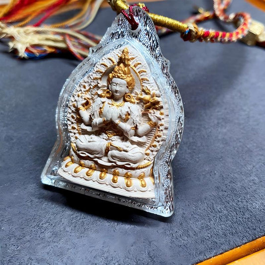 Hand-painted Tibetan Buddhist Four-Armed Avalokiteshvara Ash pendant with small Thangka, handcrafted jewelry art offering protection, blessings, and spiritual strength.