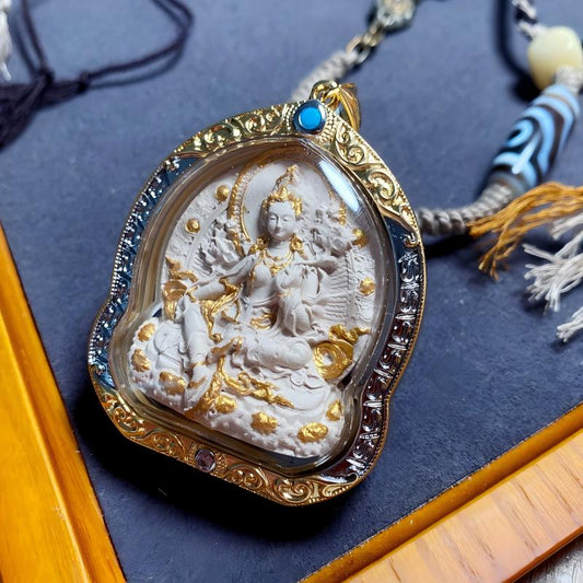 Hand-painted Tibetan Buddhist Green Tara Ash pendant in metal Gau box with small Thangka, handcrafted jewelry art offering protection, blessings, and spiritual energy.