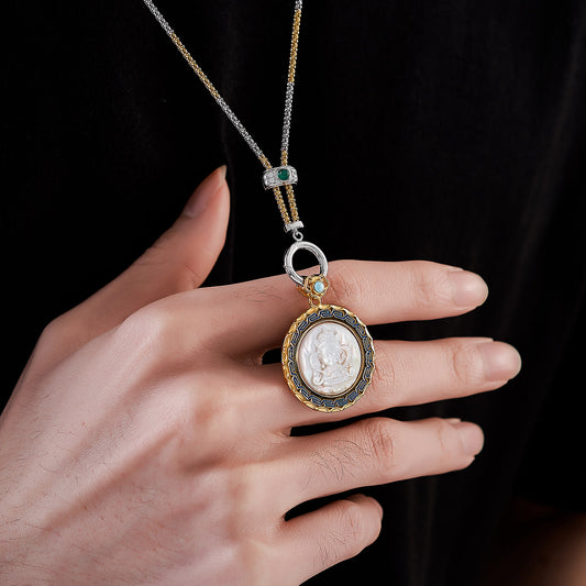 Handcrafted Tibetan Buddhist Guanyin pendant in S925 silver with mother-of-pearl and enamel resin, ethnic guardian necklace for men and women, Jewelry Art.
