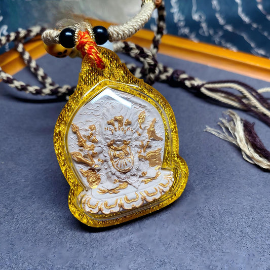 Hand-painted Tibetan Buddhist Hayagriva Ash pendant with small Thangka, handcrafted jewelry art offering protection, blessings, and spiritual strength.