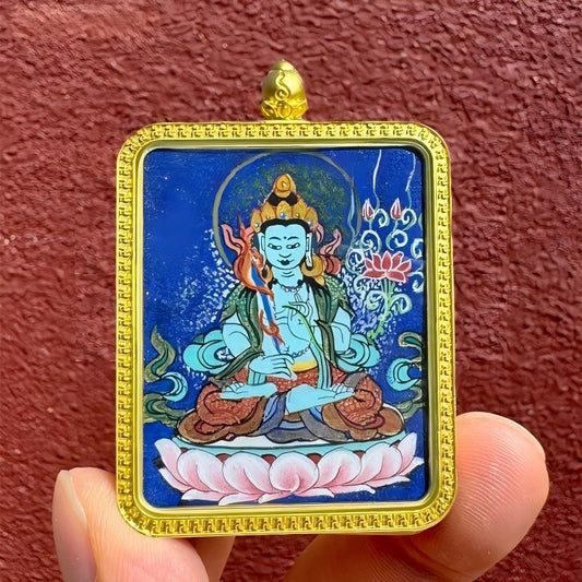 Hand-painted Tibetan Buddhist pendant featuring Manjushri, Amitabha, and Samantabhadra with twelve zodiac guardian Buddhas, crafted as jewelry art.