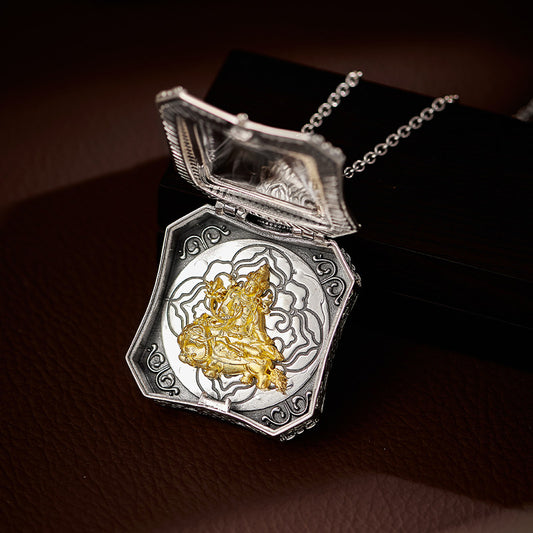 Handcrafted Tibetan Buddhist Zodiac Buddha openable pendant in silver and copper, featuring Samantabhadra for protection and spiritual blessings, Jewelry Art.