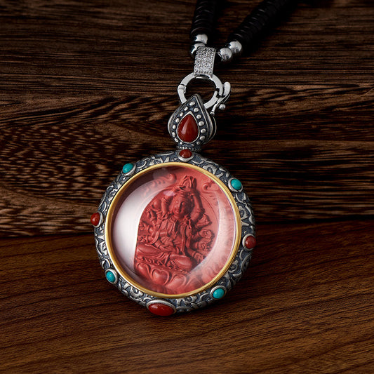 Handcrafted Tibetan Buddhist Zodiac Buddha pendant in red cinnabar and silver, featuring Avalokiteshvara for protection and spiritual blessings, Jewelry Art.